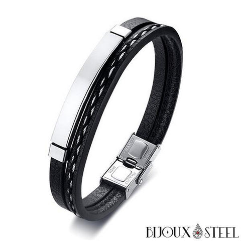 Bracelet Large En Cuir Véritable Tressé Noir - 2 Styles, Réglable, Style Vintage Punk/motard, Pour Homme Et Femme