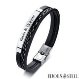 Bracelet homme argenté et noir personnalisable en simili cuir noir et acier inoxydable