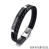 Bracelet homme noir personnalisable en simili cuir noir et acier inoxydable