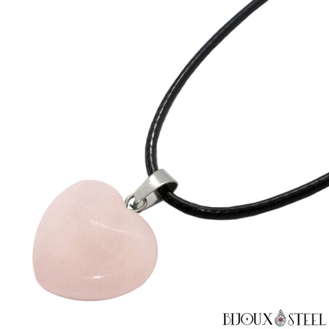 Collier à pendentif coeur en pierre naturelle de quartz rose