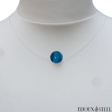 Collier fil de nylon translucide à perle d'agate bleue teintée 10mm en pierre naturelle