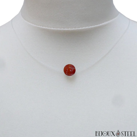 collier cordon de nylon à perle d'agate de feu 8mm en pierre naturelle