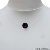Collier fil de nylon à perle d'agate noire rayée ou onyx 10mm en pierre naturelle
