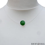 Collier fil de nylon et sa perle d'agate verte teintée 10mm en pierre naturelle