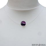 Collier fil de nylon transparent et sa perle d'agate violette 10mm en pierre naturelle teintée