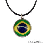 Collier à pendentif drapeau du Brésil sous cabochon 