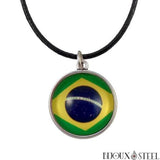 Collier à pendentif rond drapeau du Brésil sous cabochon