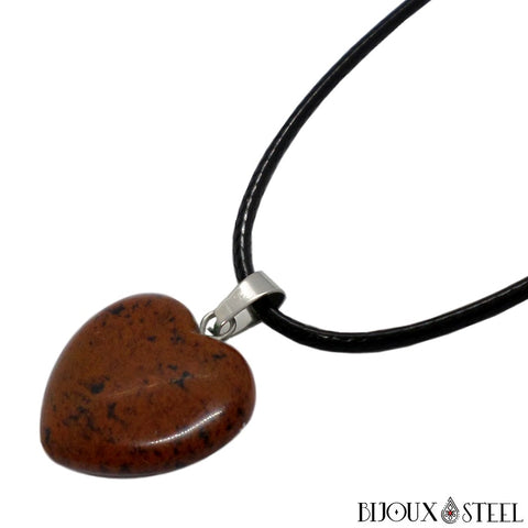 Collier à pendentif coeur en pierre naturelle d'obsidienne acajou