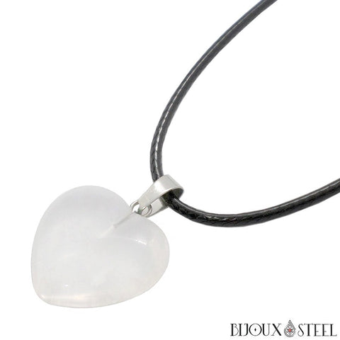 Collier à pendentif coeur en pierre de cristal de roche quartz naturel