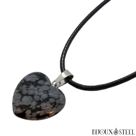Collier à pendentif coeur en pierre naturelle d'obsidienne mouchetée ou flocon de neige