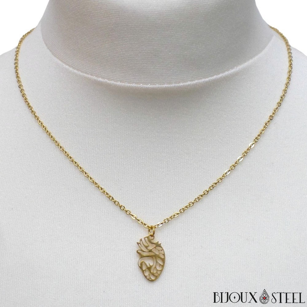 Collier Cœur Sacré En Acier 316L - Ne Change Pas De Couleur, Idéal Cadeau !