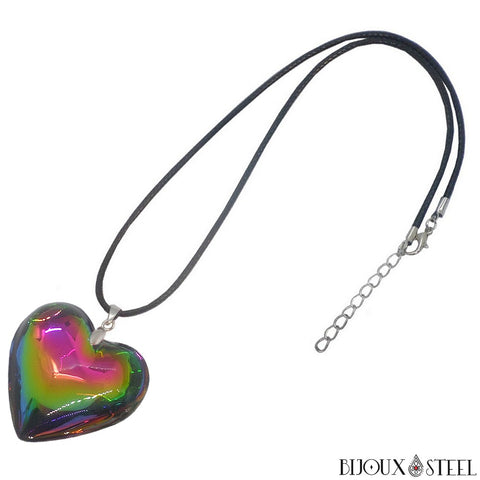 Collier à pendentif cœur glamour multicolore en verre et son cordon noir