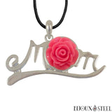 Collier à pendentif argenté mom maman à bouton pression fleur de rose fuchsia
