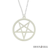 Collier à pendentif pentagramme satanique argenté en acier inoxydable