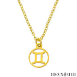 Collier à pendentif signe astrologique des gémeaux doré en acier inoxydable