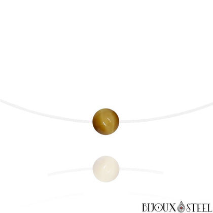 Collier à perle d'oeil de tigre caramel 8mm en pierre naturelle sur son fil de nylon translucide