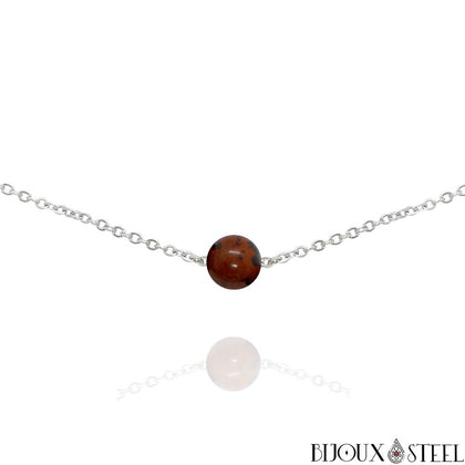 Collier chaîne argentée à perle d'obsidienne acajou 8mm en acier inoxydable