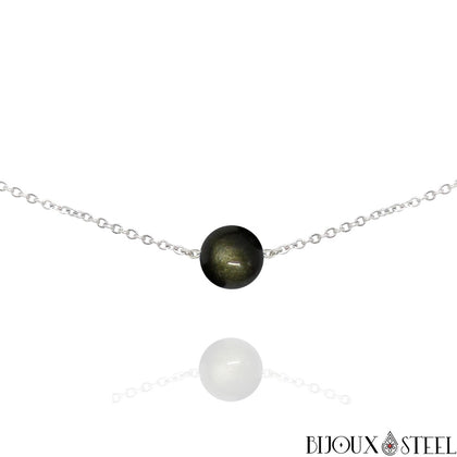 Collier argenté à perle d'obsidienne dorée 10mm en pierre naturelle et acier inoxydable