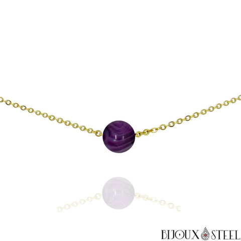 Collier doré à perle d'agate violette teintée 10mm en pierre naturelle et acier inoxydable