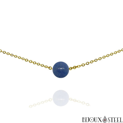 Collier doré à perle d'aventurine bleue 10mm et sa chaîne en acier inoxydable