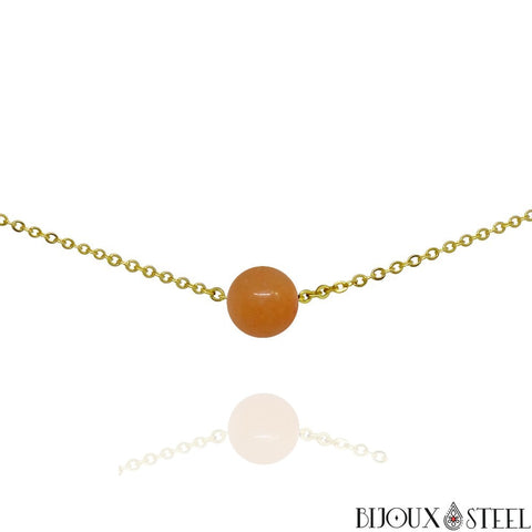Collier doré à perle d'aventurine orange 10mm en pierre naturelle et sa chaîne en acier inoxydable