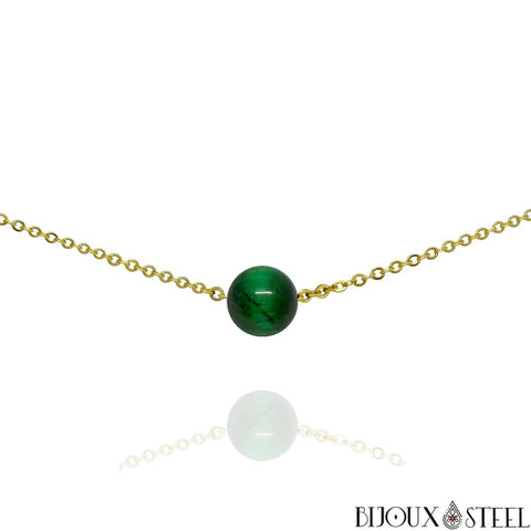Collier doré à perle d'oeil de tigre vert 10mm en pierre naturelle et sa chaîne en acier inoxydable