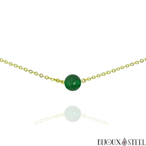 Collier doré à perle de jade de Malaisie 8mm en pierre naturelle et acier inoxydable
