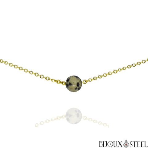 Collier chaîne dorée à perle de jaspe dalmatien 8mm en pierre naturelle et acier inoxydable