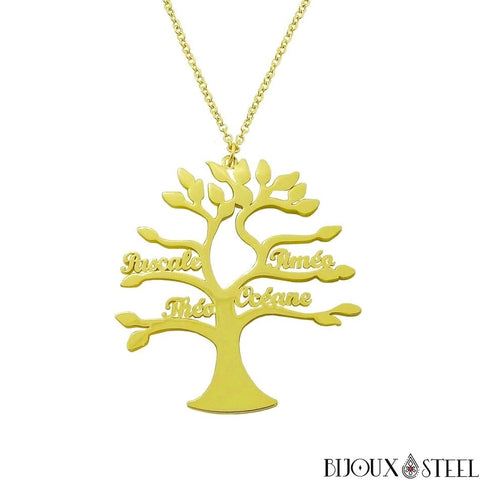 Collier femme doré arbre généalogique personnalisé en acier inoxydable