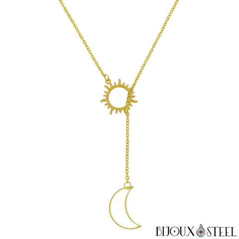 Collier soleil doré et son pendentif Lune en acier inoxydable