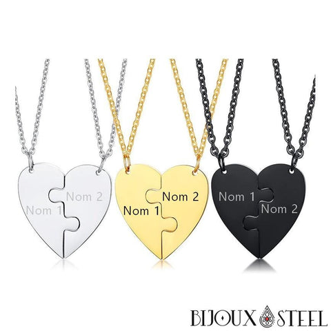 2 Colliers Pendentif Puzzle Cœur Chat Séparable - Acier Inoxydable, Bijoux Amitié Amour Couple - Cadeau Romantique Saint-Valentin