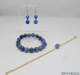 Parure bracelets 10mm et boucles d'oreilles pendantes à perles d'aventurine bleue en pierre naturelle et acier chirurgical