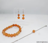 Parure bracelets 10mm et boucles d'oreilles pendantes d'aventurine orange en pierre naturelle et acier chirurgical