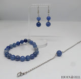 Parure bracelets 8mm et boucles d'oreilles pendantes à perles d'aventurine bleue en pierre naturelle et acier chirurgical