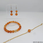 Parure bracelets 8mm et boucles d'oreilles pendantes d'aventurine orange en pierre naturelle et acier chirurgical