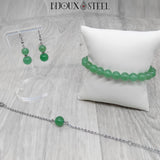 Parure argentée bracelets et boucles d'oreilles en perles d'aventurine verte pierre naturelle et acier inoxydable