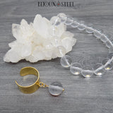 Parure bague large dorée et bracelet en perles de quartz
