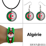Parure trois pièces boucles d'oreilles pendantes, collier et bracelet à drapeau de l'Algérie