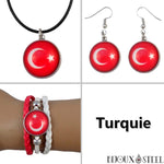Parure trois pièces à boucles d'oreilles pendantes, collier et bracelet à drapeau de la Turquie