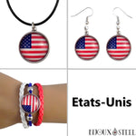 Parure à boucles d'oreilles pendantes, bracelet et collier à pendentif drapeau des Etats-Unis