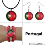 Parure trois pièces à boucles d'oreilles pendantes, bracelet et collier à drapeau du Portugal