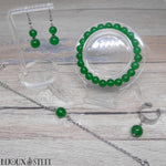Parure bijoux argentés bracelets avec bagues et boucles d'oreilles en jade de Malaisie pierre naturelle et acier inoxydable