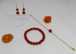 Parure bracelet de perles 8mm en cornaline, bracelet à perle unique et boucles d'oreilles deux perles de cornaline en acier chirurgical et pierre naturelle