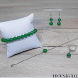 Parure boucles d'oreilles argentées avec bracelets et bagues en perles de jade de Malaisie 