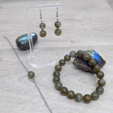 Parure boucles d'oreilles pendantes argentées en labradorite et bracelet de perles 10mm en perles de labradorite