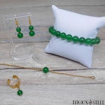 Parure boucles d'oreilles dorées avec bracelets et bagues en perles de jade de Malaisie