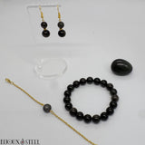 Parure boucles d'oreilles et bracelets en perles d'obsidienne argentée à reflets en pierre naturelle