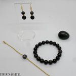 Parure bracelets en perles d'obsidienne argentée en pierre naturelle et paire de boucles d'oreilles pendantes dorées deux perles d'obsidienne argentée en acier chirurgical