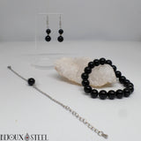 Parure boucles d'oreilles pendantes, bracelets argenté et bracelet élastique à perles d'onyx en noir en pierre naturelle et acier chirurgical