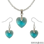 Parure boucles d'oreilles pendantes et collier à pendentif cœurs bleu turquoise en verre